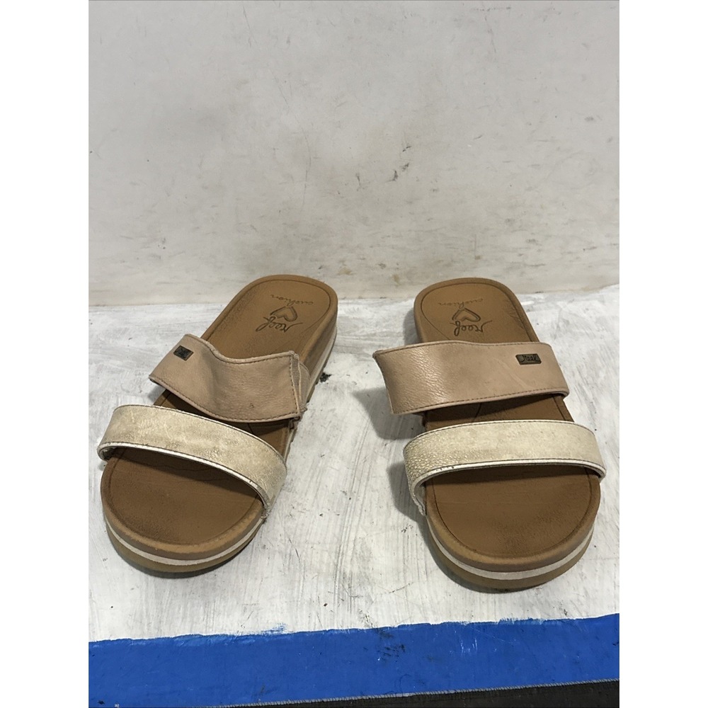 Reef Womens Cushion Vista Slides Sandals Gold Vegan Leather Flat Strappy Shoes